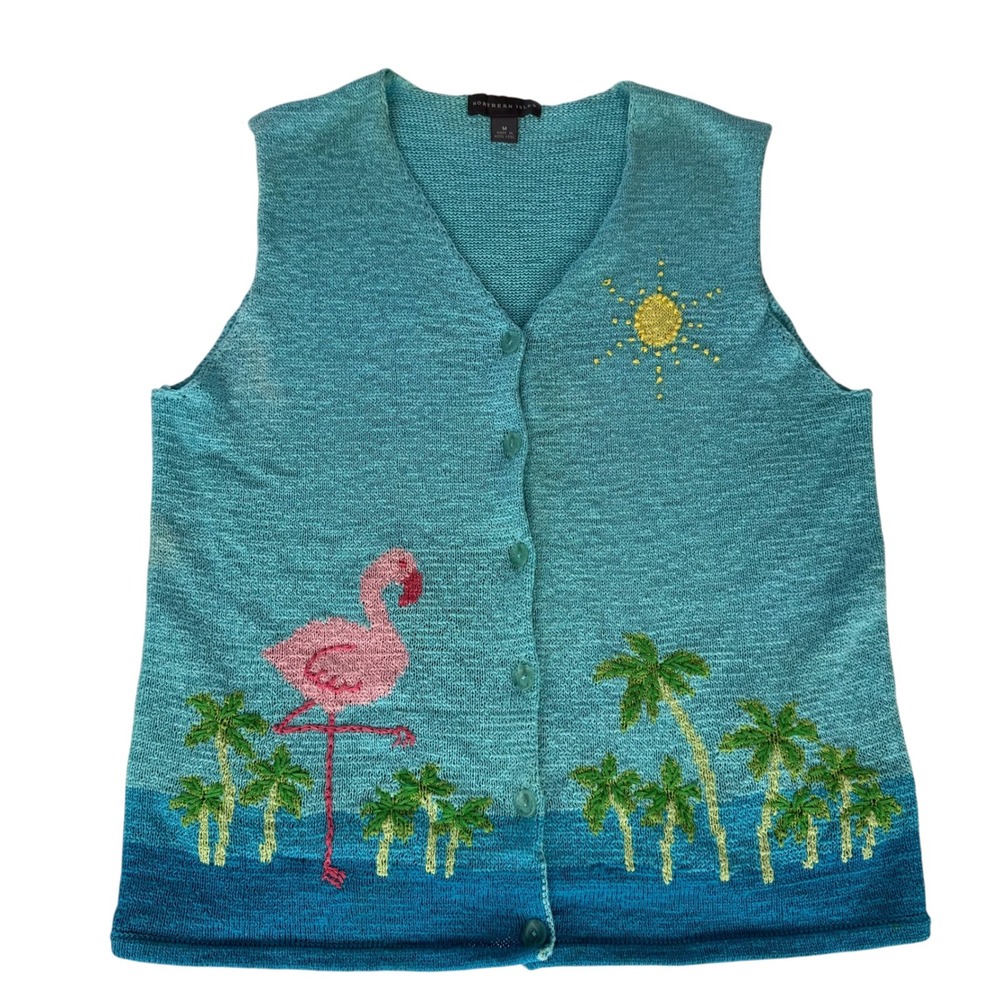 Northern Isles Flamingo Palm Tree Tropical Knit Sweater Vest Blue Womens Medium